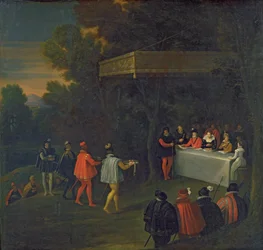 Eine Mahlzeit serviert an Henri IV (1553-1610) Marie de Medicis (1573-1642) Elisabeth von Frankreich (1602-44) und den Dauphin Louis (1601-43) im Wald von Fontainebleau, nach 1590